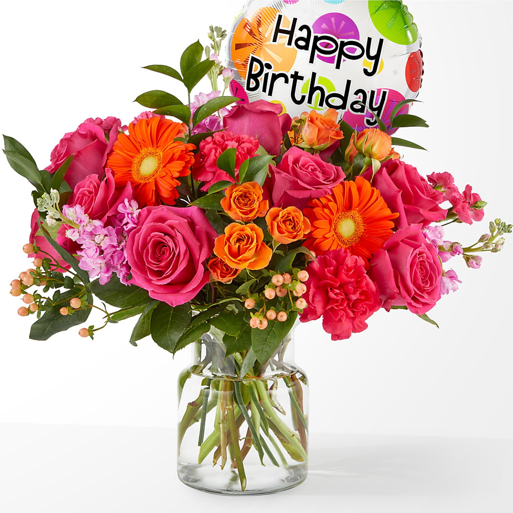 Fiesta Bouquet with Birthday Balloon – Downtown Florist And Tea, Doerun GA