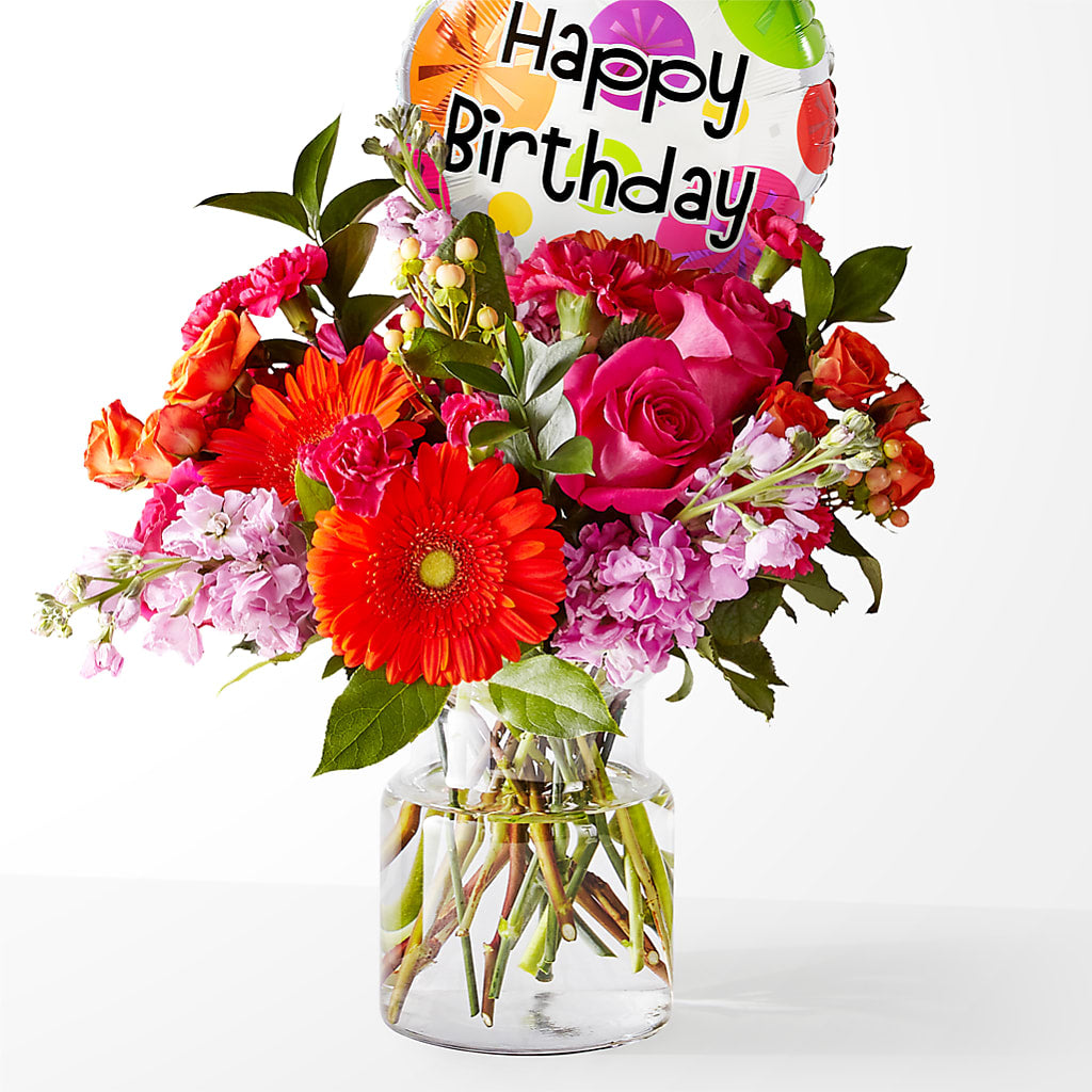 Fiesta Bouquet with Birthday Balloon – Downtown Florist And Tea, Doerun GA
