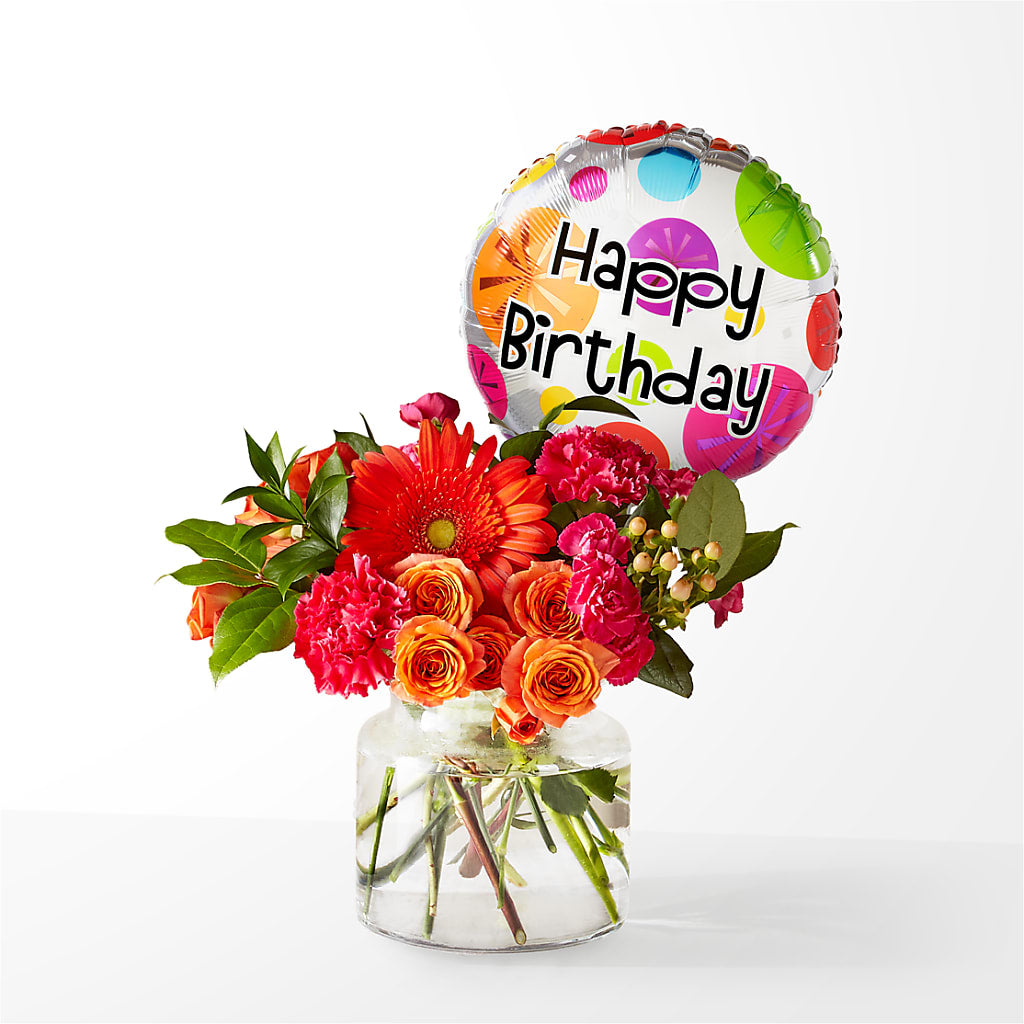 Fiesta Bouquet with Birthday Balloon – Downtown Florist And Tea, Doerun GA