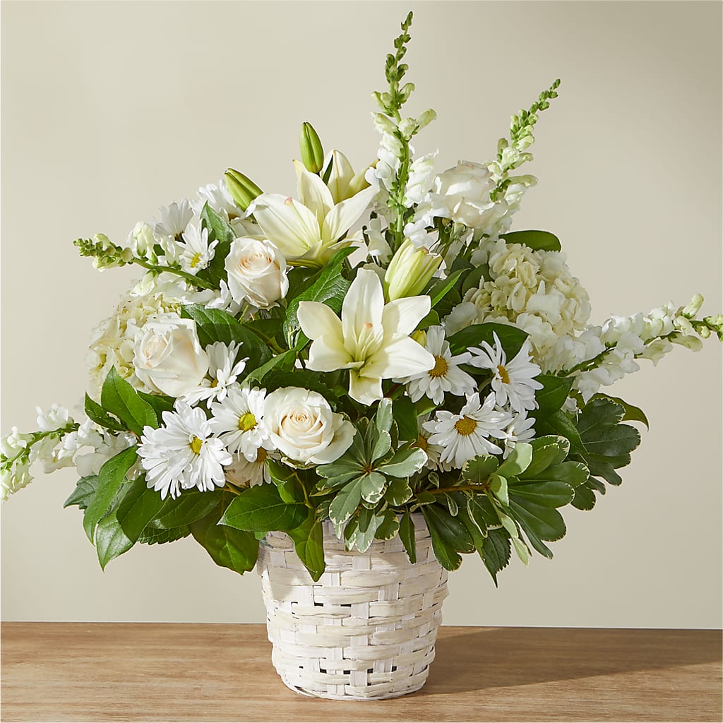 Ivory Elegance Floral Basket – Downtown Florist And Tea, Doerun GA