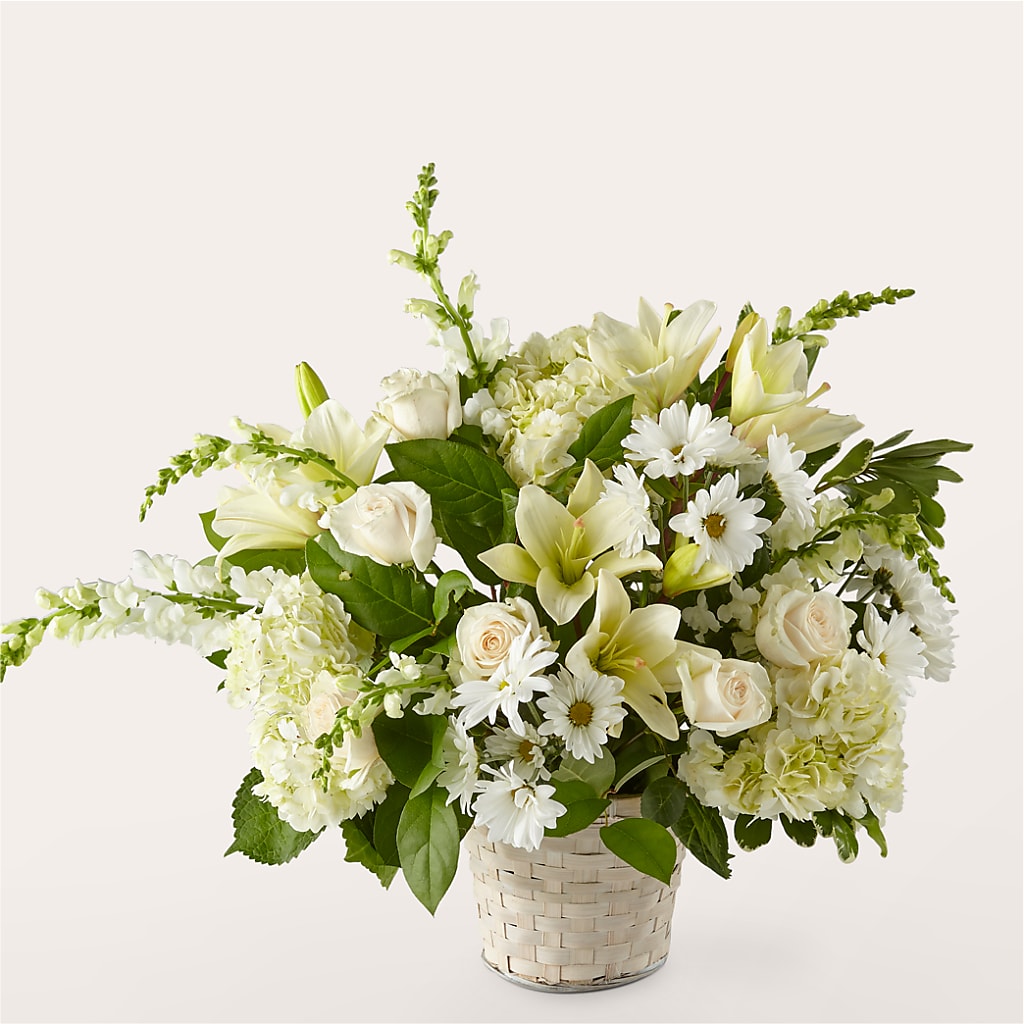 Ivory Elegance Floral Basket – Downtown Florist And Tea, Doerun GA